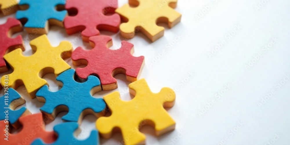 Poster colorful puzzle pieces scattered on white background representing teamwork and problem solving