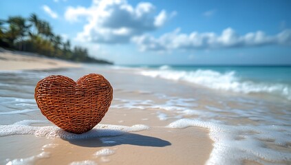 Fototapeta premium Happy Valentine Red Heart on a Beach with Cloudy Blue Sky and Water Waves