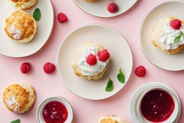 Scones served on various plates with cream and raspberry sauce against a pink backdrop