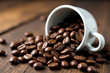 Dark roasted coffee beans spilling from a pristine white ceramic cup , gourmet, delicious, coffee time