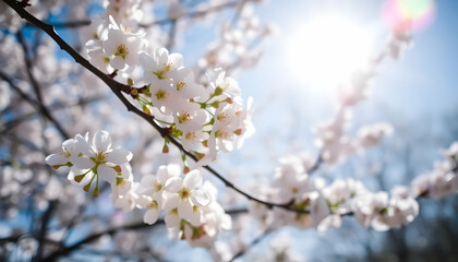 Cherry blossoms, spring bloom, delicate white petals, blue sky background, sunlight streaming through branches, macro photography, soft focus, dreamy atmosphere, natural beauty, seasonal flowering,