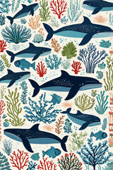 Naklejka premium A vibrant underwater scene showcases majestic whales gliding through a coral and seaweed forest.ocean floor is alive with colorful fish, crabs,starfish, creating a peaceful lively marine ecosystem.