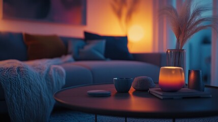 Cozy Evening Ambiance:  Relaxing Living Room with Candlelight and Soft Lighting