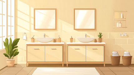 Beige bathroom interior with two washbasins and cabinet with accessories