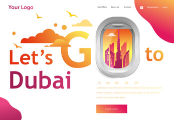 Landing page template for your holiday flight to Dubai. Banner, site, poster template. Travel and tourism concept for website template. Vector illustration.
