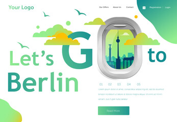 Landing page template for your holiday flight to Berlin. Banner, site, poster template. Travel and tourism concept for website template. Vector illustration.
