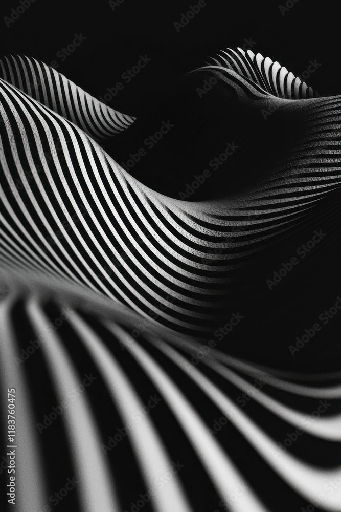 Poster black and white abstract image of wavy striped patterns with high contrast