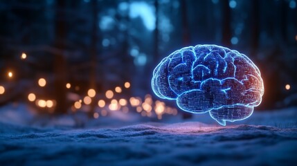 Digital Brain in Winter Wonderland: A futuristic concept of AI in a serene snowy forest setting