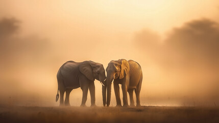 Two elephants standing close together near a waterhole, with a blurred African landscape in the distance: Their trunks entwine as the dusty, warm tones of the background soften the