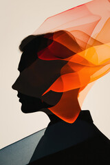 Silhouette with Vibrant Red and Orange Abstract Overlay on Neutral Background