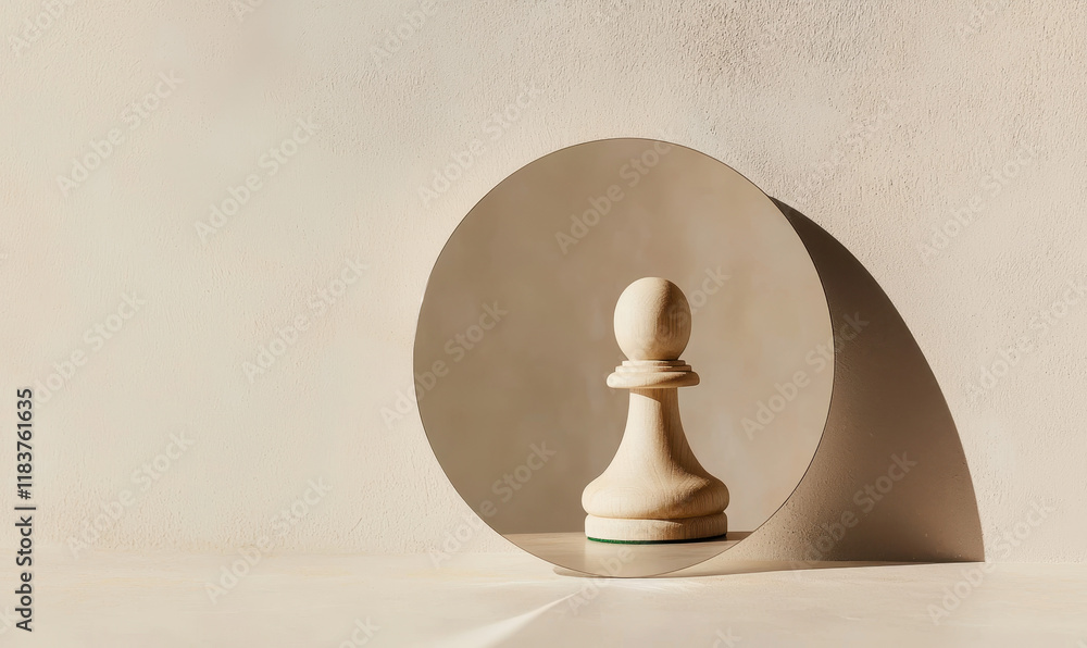 Poster conceptual chess piece reflection in minimalistic beige setting