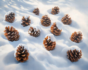 Collection of Snow-Covered Pinecones Scattered on a Rustic Surface