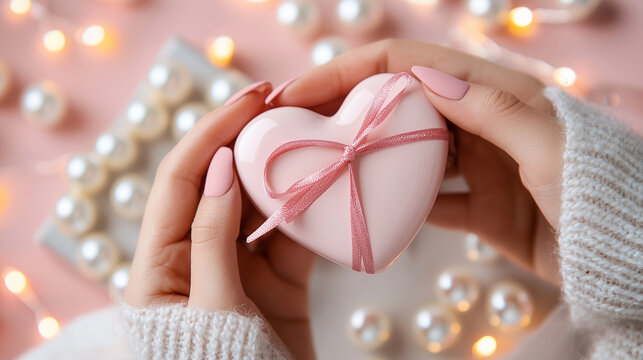 Close-up of female hands with soft pink nails presenting a glossy pink ceramic heart-shaped gift with a perfectly tied red bow, surrounded by scattered white pearls and glowing fai