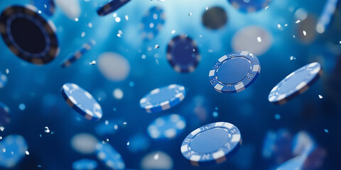 The image shows a collection of blue and white casino chips falling against a blurred, vibrant blue background, creating a dynamic and energetic atmosphere