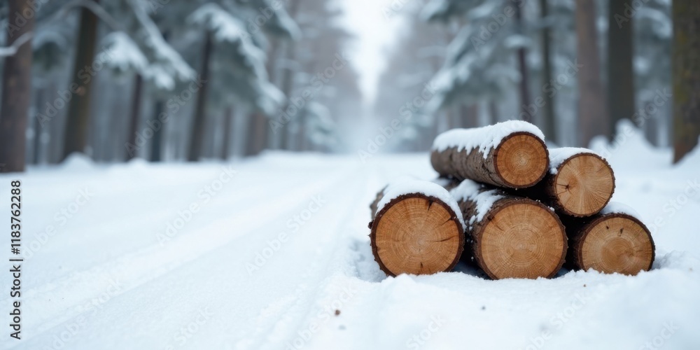 Poster winter woodland scene snow-covered logs resting on a path through a snowy forest