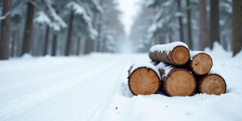 Winter Woodland Scene Snow-Covered Logs Resting on a Path Through a Snowy Forest