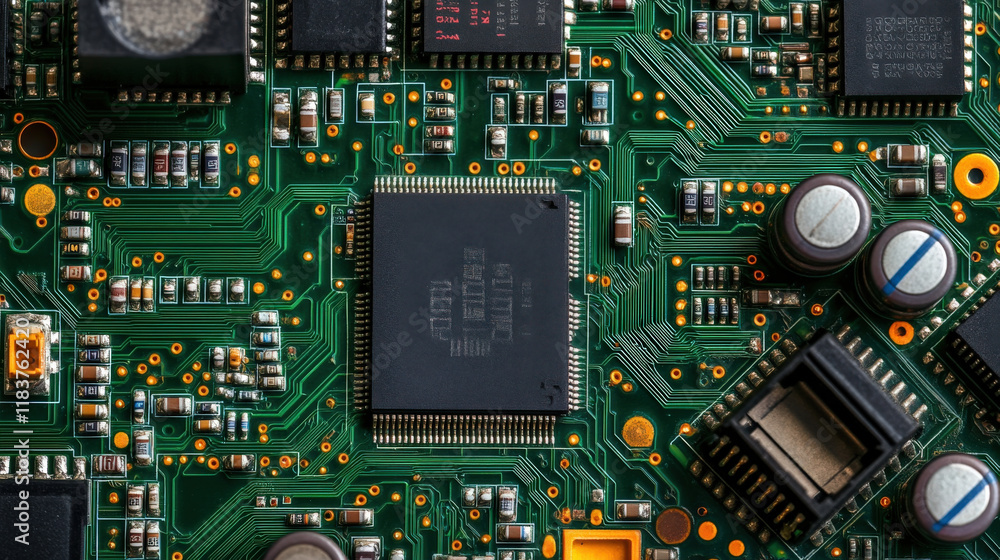 Poster close up view of complex circuit board featuring various electronic components, including microchips