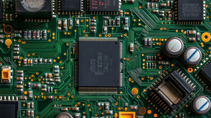 Close up view of complex circuit board featuring various electronic components, including microchips, capacitors, and resistors, showcasing intricate details and vibrant colors