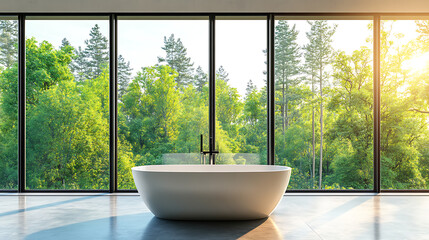 Fototapeta premium Corner view on bright bathroom interior with bathtub, double sink