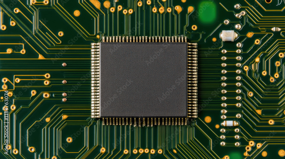 Poster high resolution close up of microchip on green circuit board, showcasing intricate details and conne