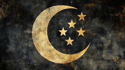 Crescent moon decorated with stars on grunge night background