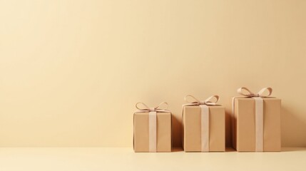 Three Beige Gift Boxes with Pastel Ribbons on a Neutral Background