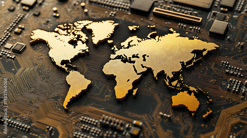 Poster digital art of a gold world map elements on a microchip background