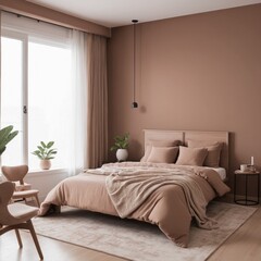 luxury japandi bedroom interior design of modern living room in Pantone color of the year 2025 Mocha Mousse