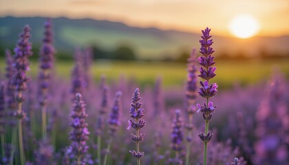 Obraz premium enchanting lavender fields bathed in golden sunset light, creating a serene and colorful countryside scene.