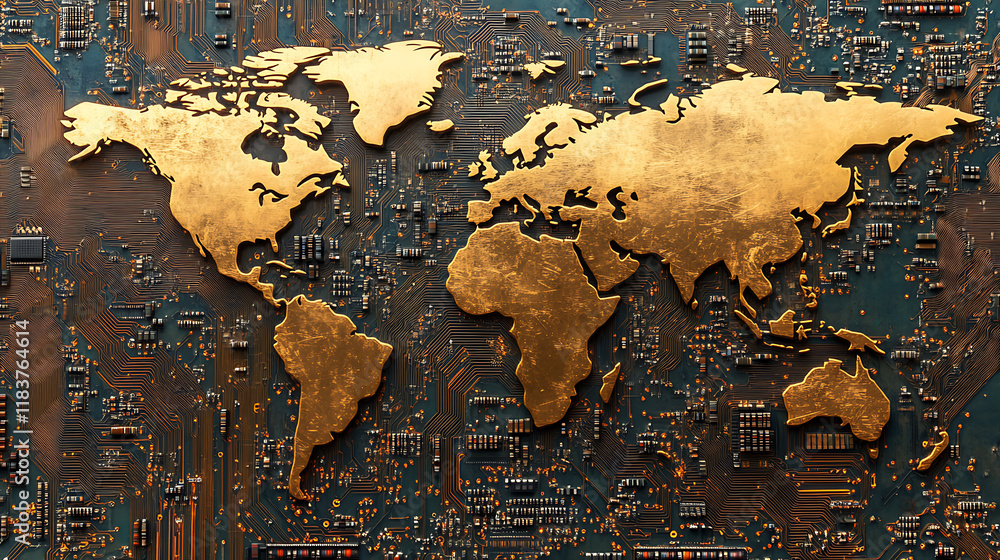 Poster digital art of a gold world map elements on a microchip background