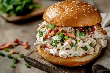 Tasty chicken salad sandwich on a sesame bun topped with bacon green onions cheese and ranch sauce Ideal for lunch or dinner Square image with ample space for t