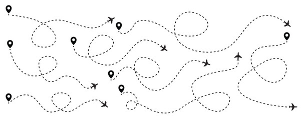 Airplane line path set. Plane routes dotted paths aircraft travel route start point flight destination black airplane. Plane, airplane, Aeroplane, flight, airline - stock vector.