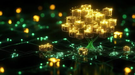 Fototapeta premium Multihued blockchain network with glowing nodes forming a tree of wealth, innovation in finance