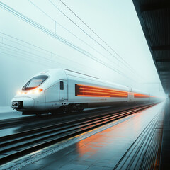 Naklejka premium sleek high speed train moves swiftly along tracks in misty station, creating futuristic and dynamic atmosphere. platform glistens with reflections from train lights