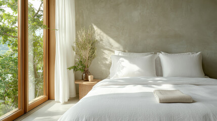 tranquil bedroom with neatly made bed and soft linens, featuring natural light