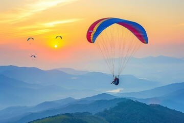 Colorful paragliders glide over mountains at sunset, capturing adventure and nature s beauty.