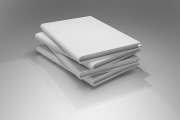 stack of plain white books on grey background, 3d illustration rendering.