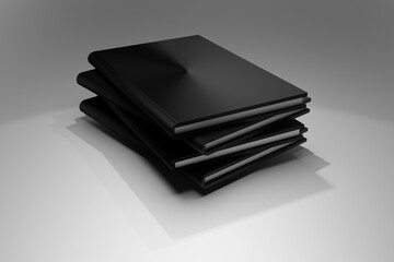 stack of plain black books on grey background, 3d illustration rendering.