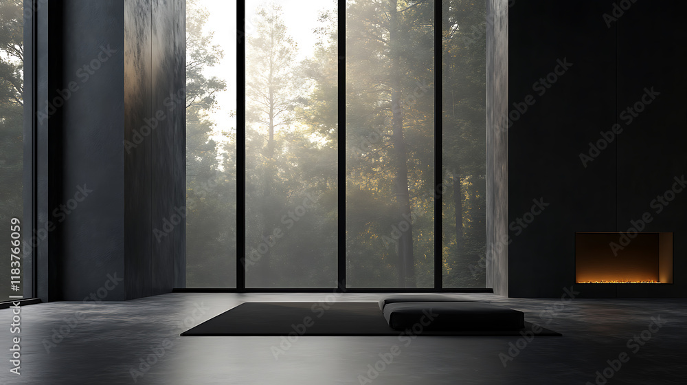 Aufkleber front view on dark empty room interior with panoramic window