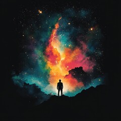Fototapeta premium A Solitary Figure Contemplates A Cosmic Nebula