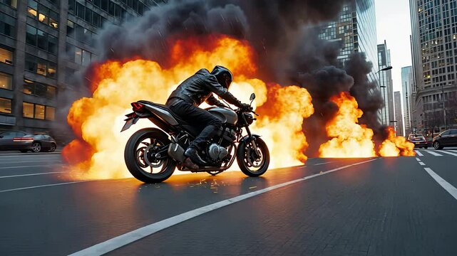 Motorcyclist Riding Through Explosions and Smoke in Urban Street Environment

