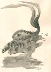 Big black fish flying on a big storm wave. Sketch for tattoo. Fairy tale. Japanese style of animalistic art. Symbolism. Hand drawn ink illustration. Slow life. Relaxing atmosphere of wild nature.