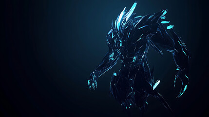 Futuristic crystal-like humanoid figure in dark colors with glowing blue accents
