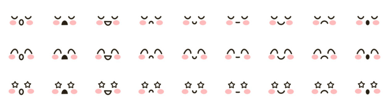 Set of cute vector kawaii emoji. Anime, manga, adorable expressive faces, emoji. Cute faces happy, smiling, sad and angry - for kawaii cartoon doodle design Chibis isolated on white background