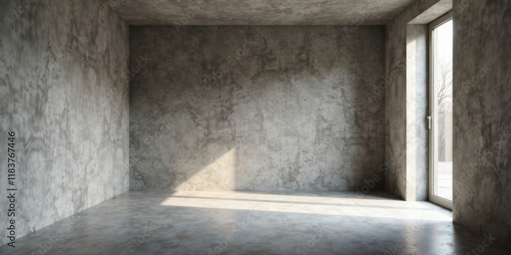 Poster empty room with concrete walls and sunlight streaming through a window