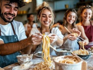 Joyful friends making pasta, floury hands, kitchen setting.