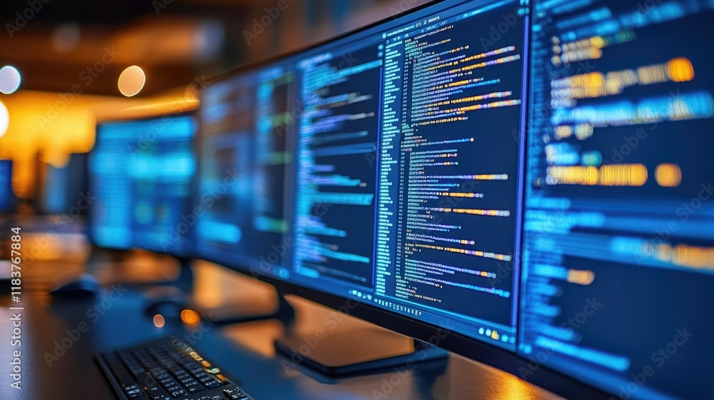 Aufkleber multiple computer screens displaying lines of code in a dark room