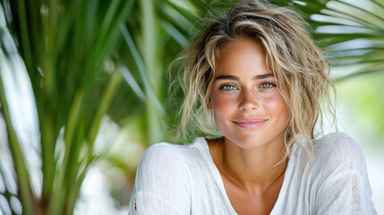 Fototapeta premium radiant woman with wavy hair smiles amidst lush greenery, exuding warmth