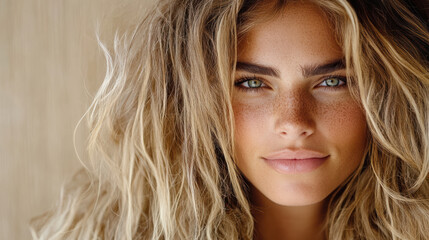 Naklejka premium captivating portrait of woman with glowing skin and striking features