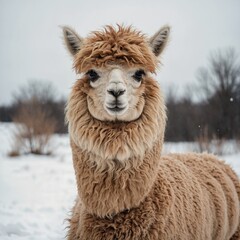 Fototapeta premium A fluffy alpaca with a soft beige coat standing on a white background.